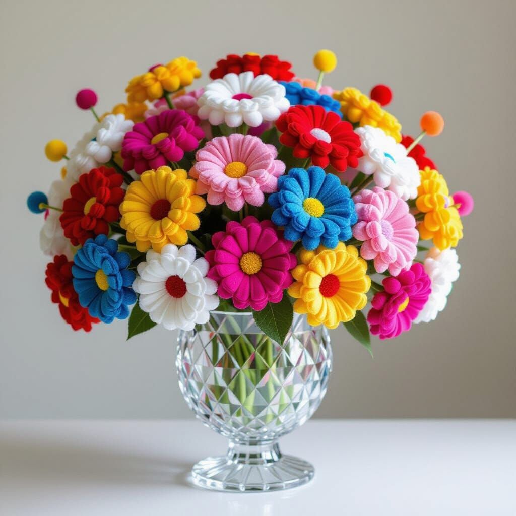 Whimsical Pom Pom Flower Bouquet in Folk Art Style