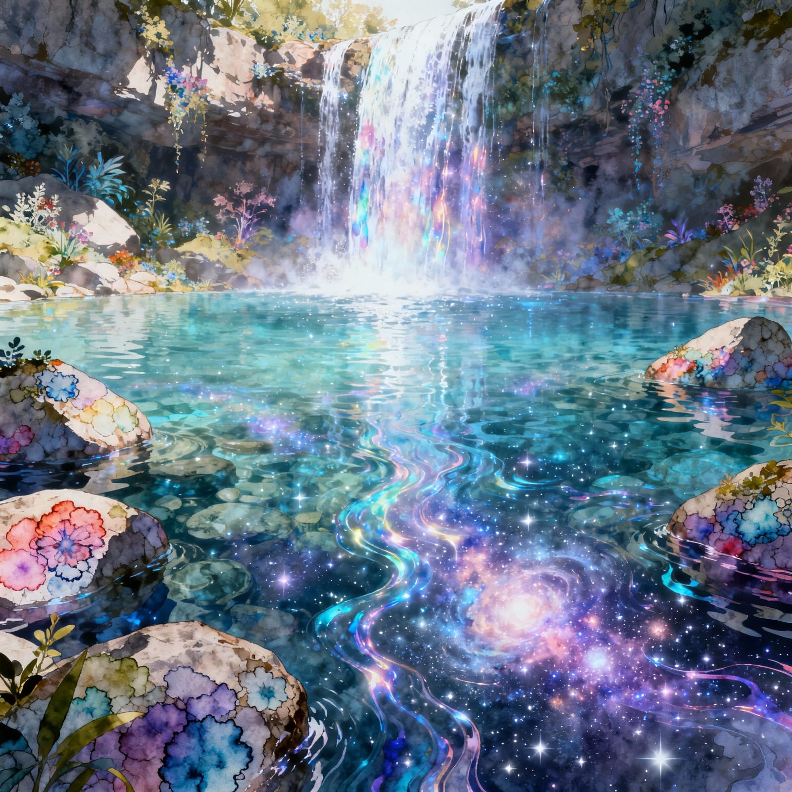 Ethereal Waterfall with Starlight & Nebula Water