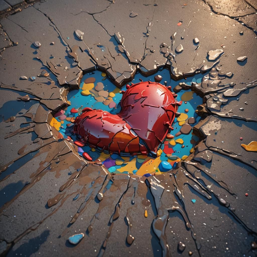Hyperrealistic Crushed Heart in a Puddle Splash Art