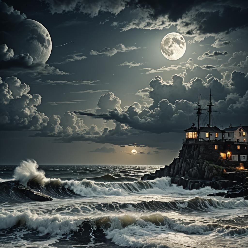 Dramatic Moonlit Seascape with High Contrast
