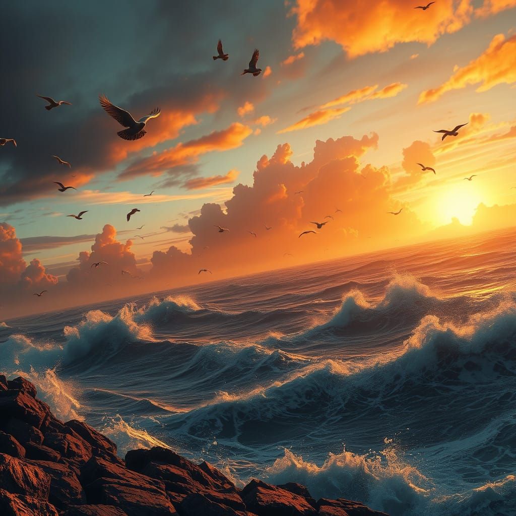 Surreal Sunset Ocean Vista with Turbulent Waves and Flying P...