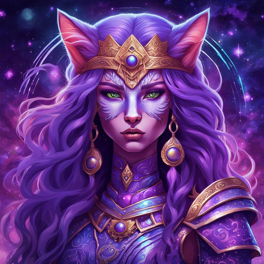 Cat-Girl Warrior Queen in Holographic Astral Art