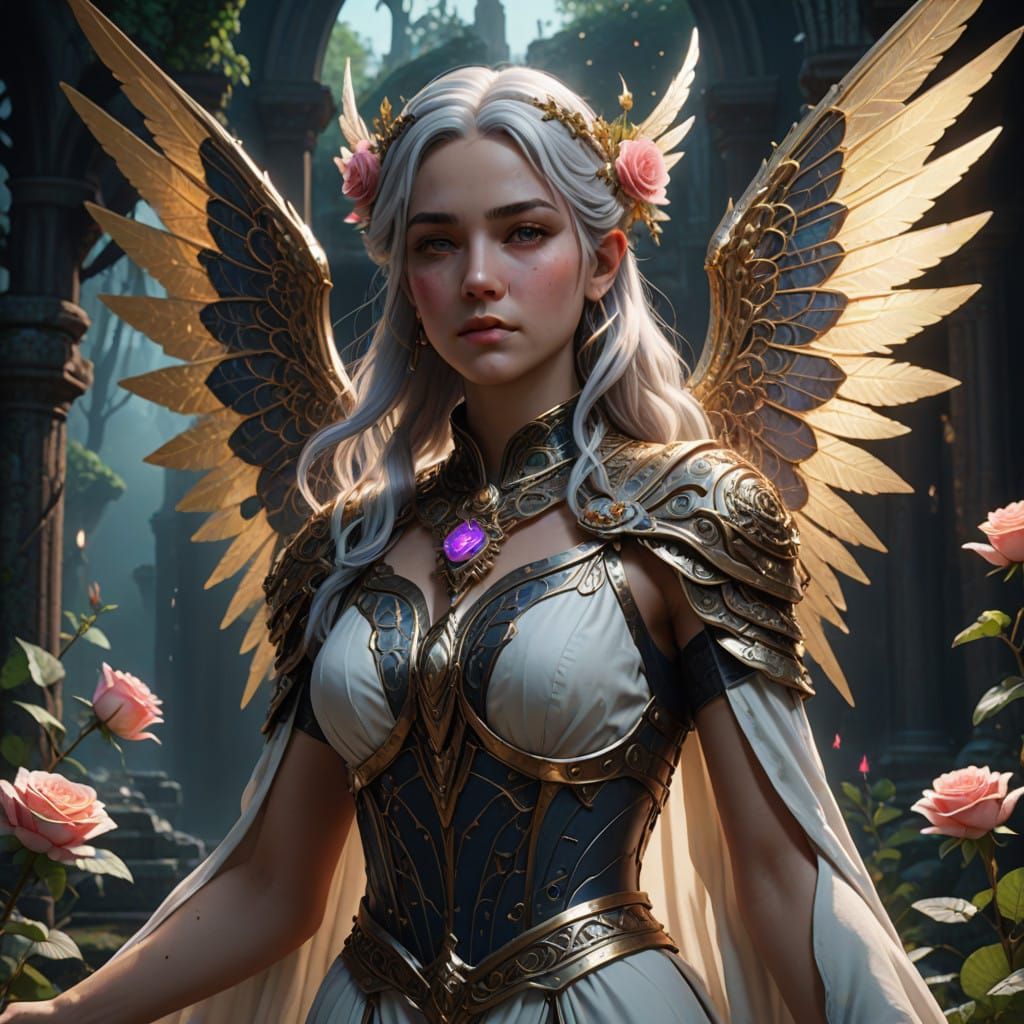 Gentle Goddess with Rose-Studded Wings