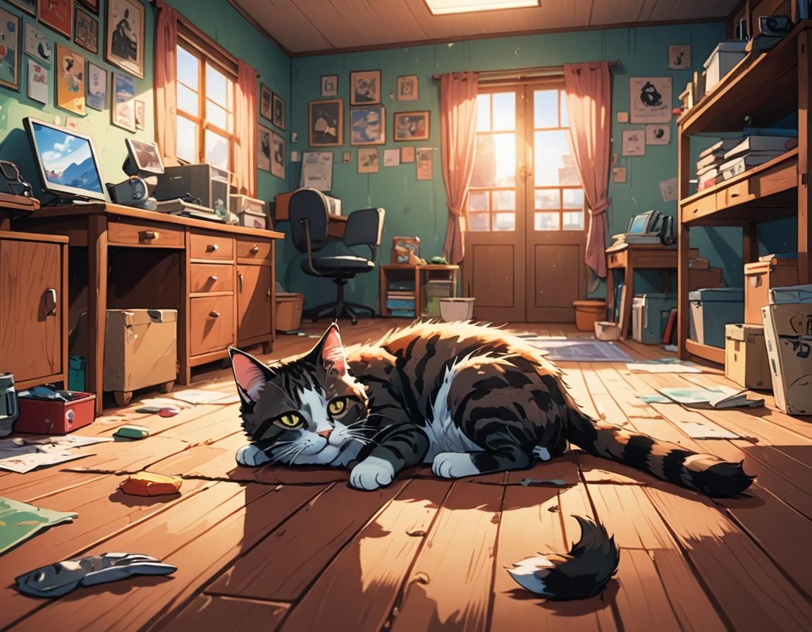 Small Cat Lounging: Cel-Shaded Manga Illustration