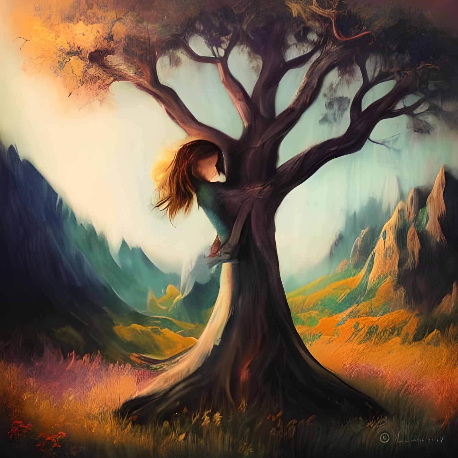 Girl Hugs Olive Tree in Surreal Landscape