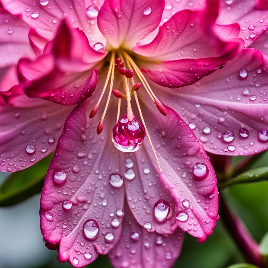 Close-Up of a Pink Rhododendron Flower with Water Droplet