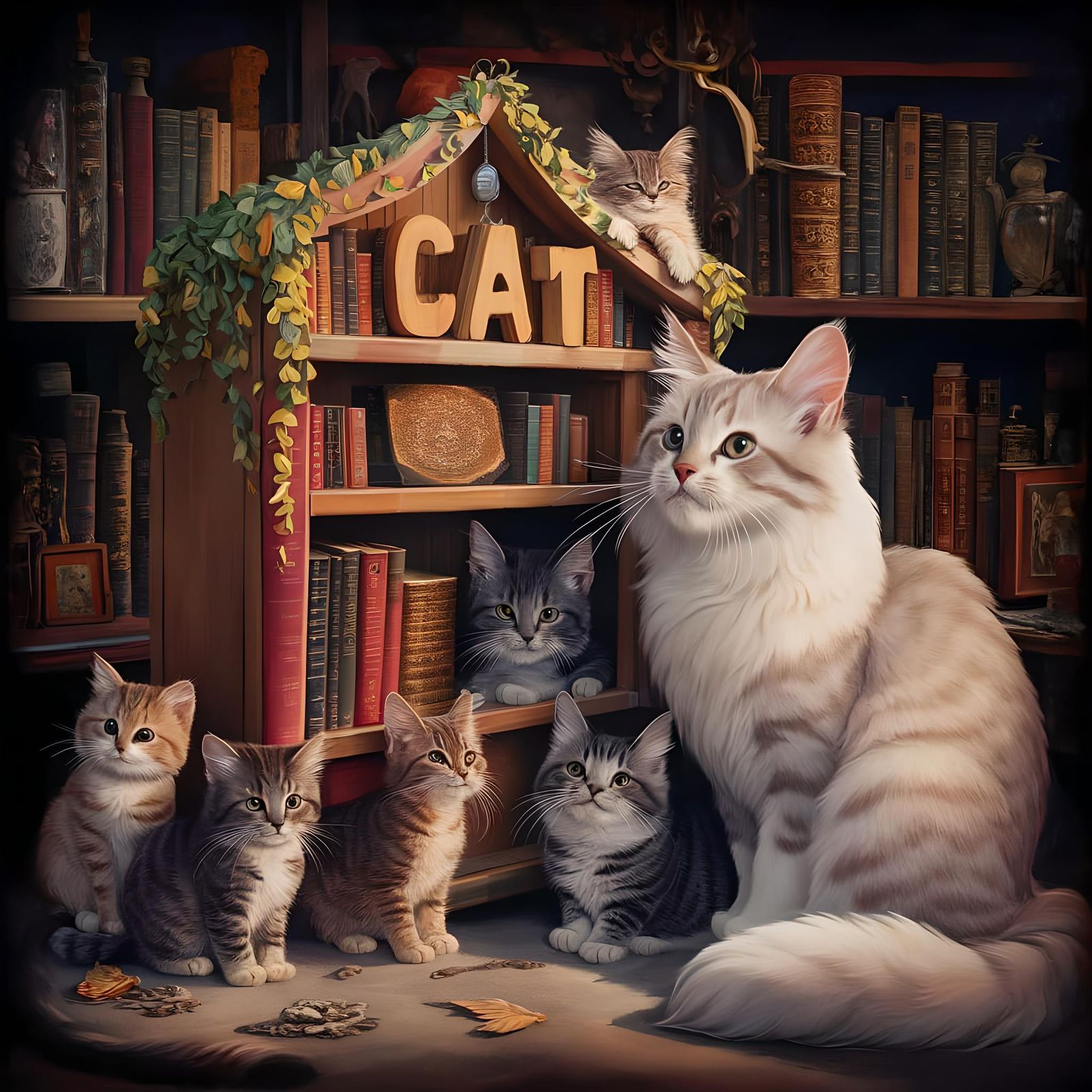 Charming Bookcase with Cats Illustration