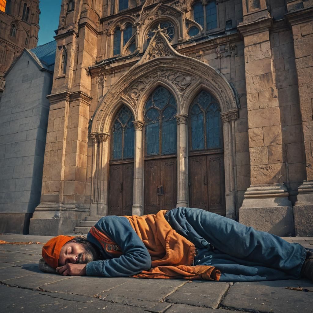 Homeless Person Sleeping Before Grand Church: Surreal Macro ...