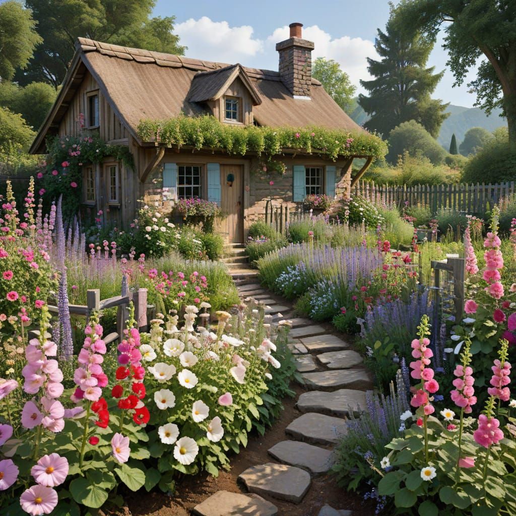 Vibrant Cottage Garden Scene in Whimsical Style