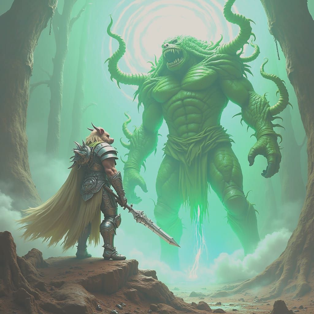 King Pig Battles Giant Slime in Fantasy Art