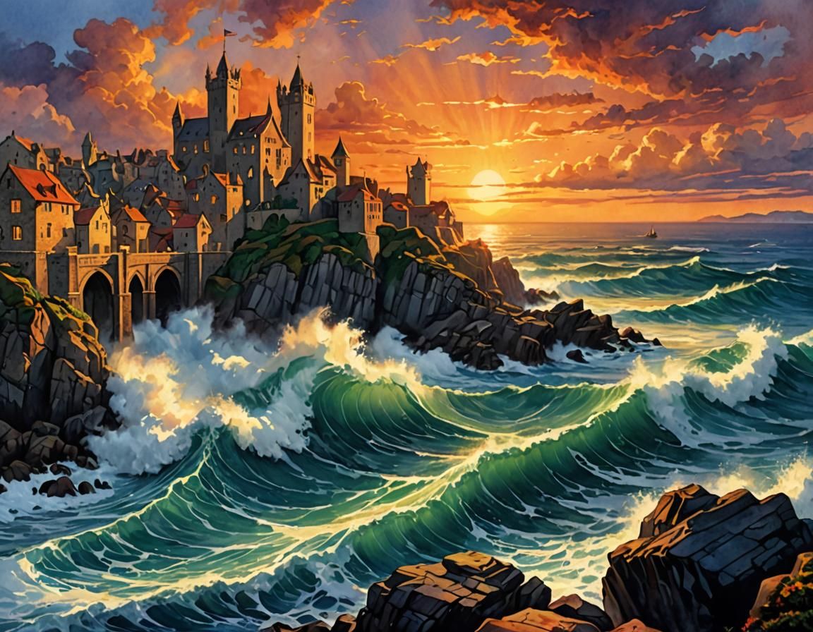 Epic Watercolor Waves at Medieval Coastal City