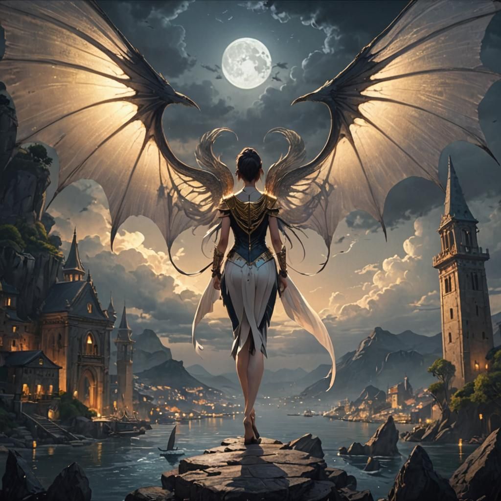 Ethereal Royal Overlooking Ancient Harbor: 3D Anime Art