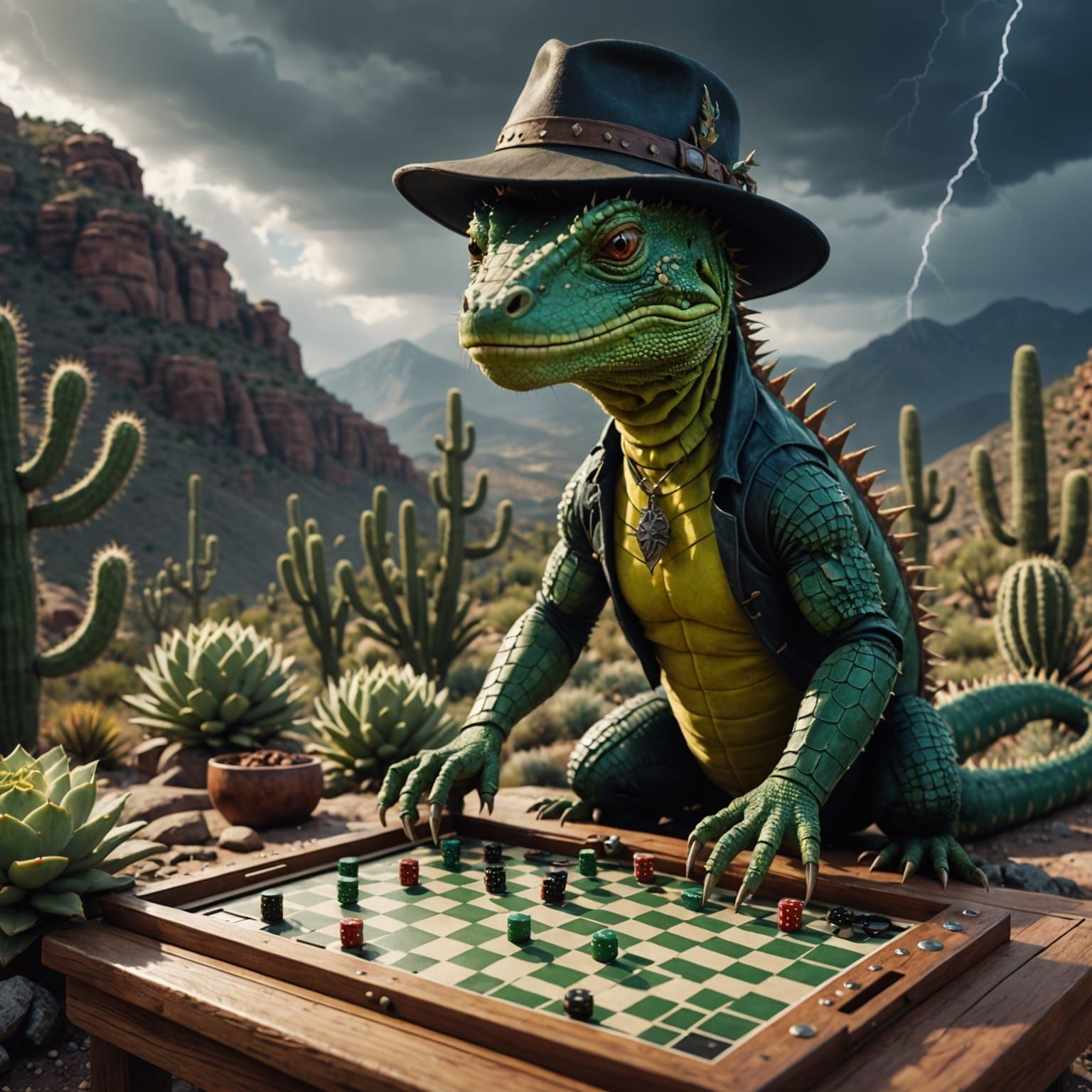 Lizard and Medusa Play Backgammon in Thunderstorm