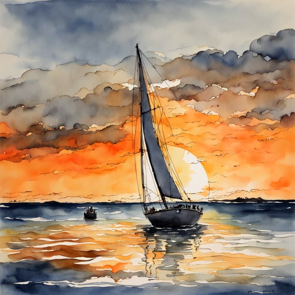 Sailboat on Sunset Horizon in Watercolor Style