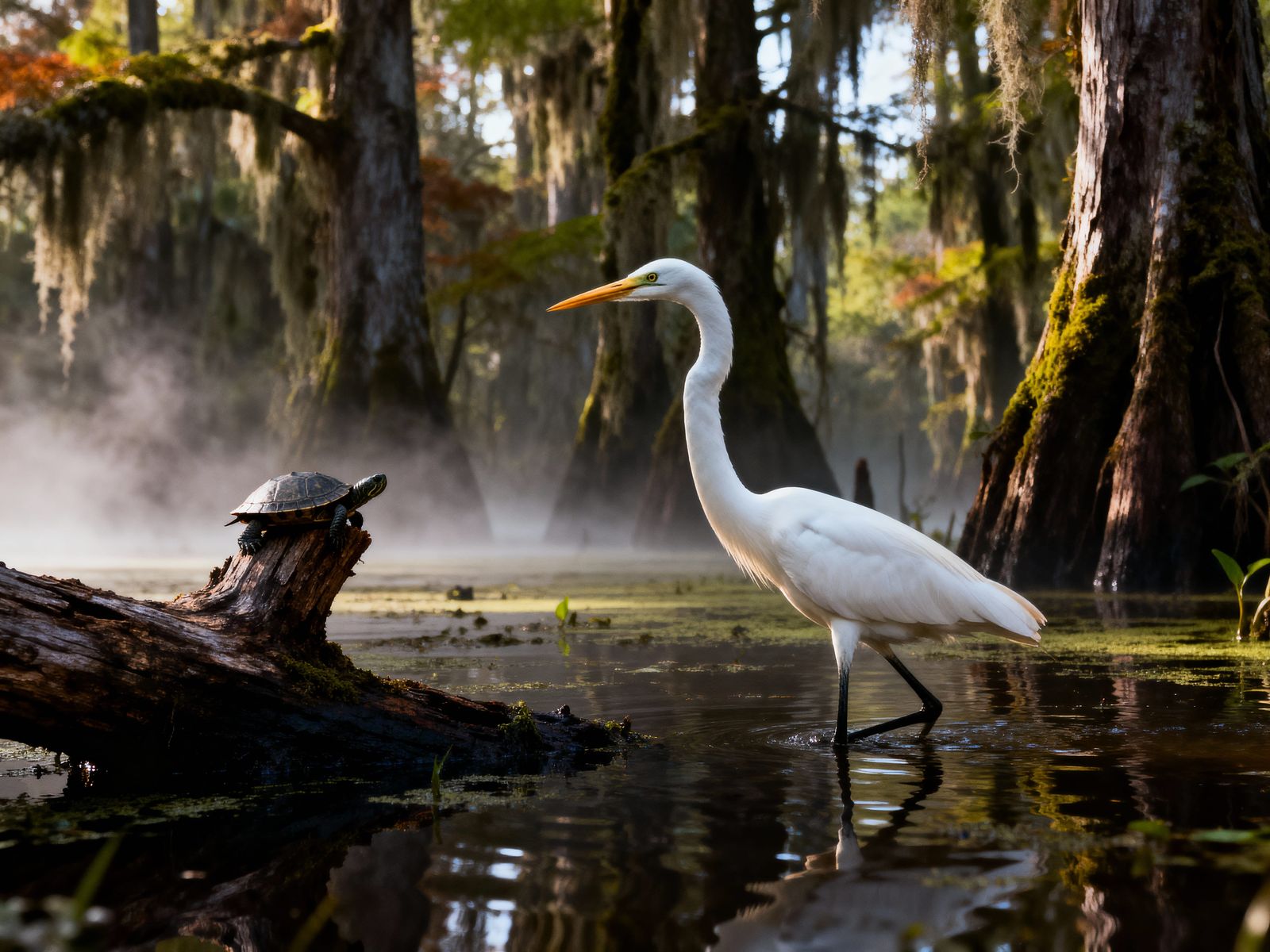 Egret Wades Through Misty Swamp Waters