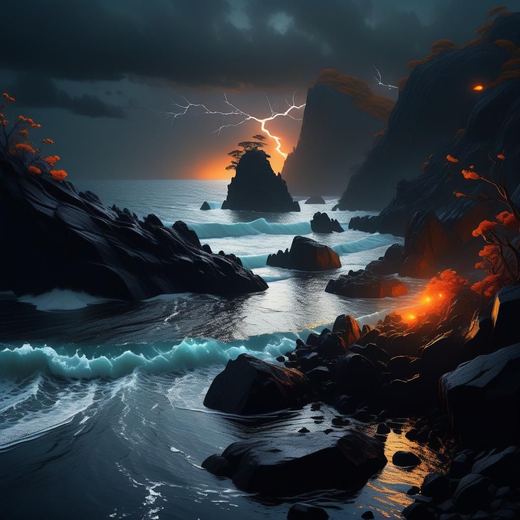 Dramatic Bioluminescent Storm at Sea