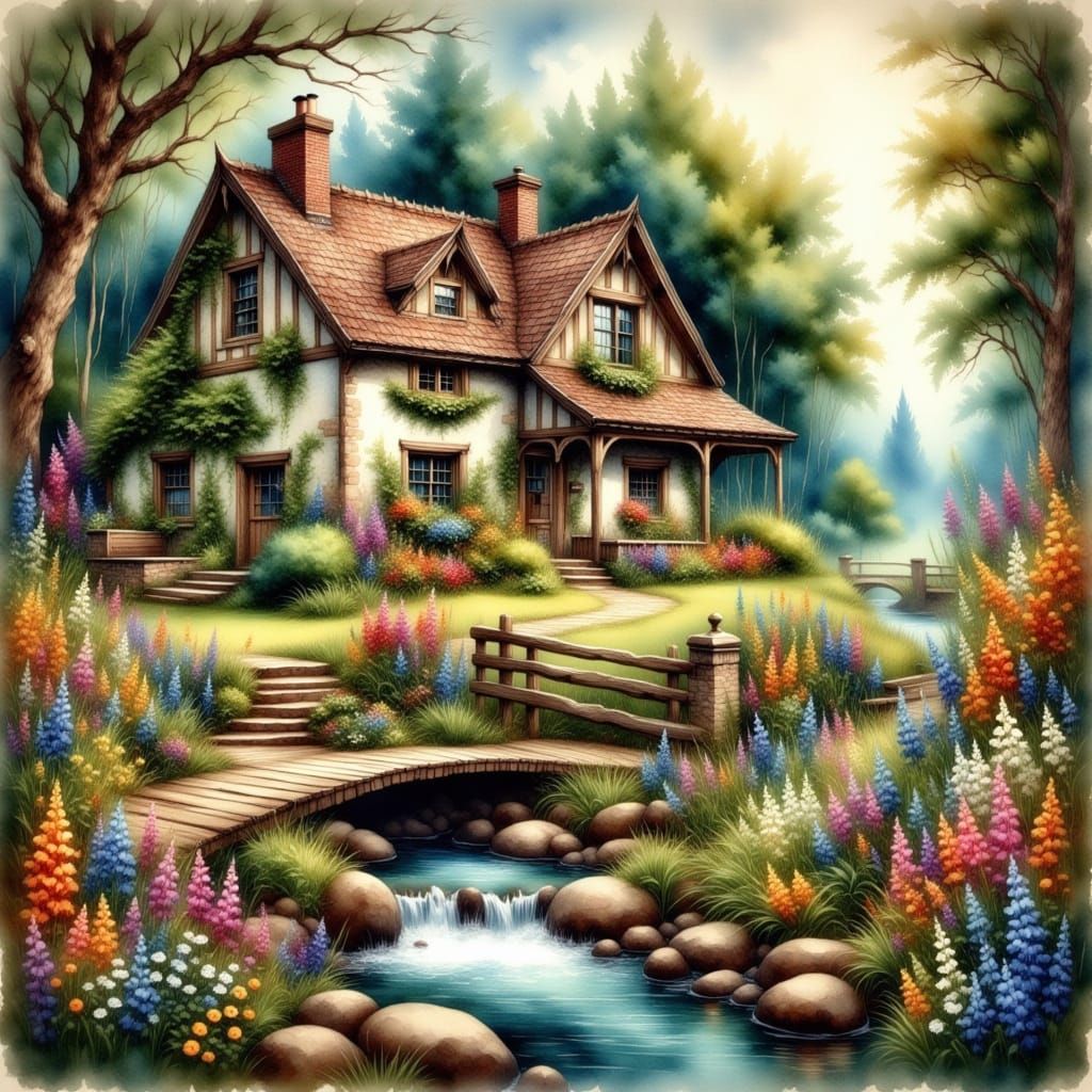 Quaint Cottage Landscape in Antique Watercolor Style