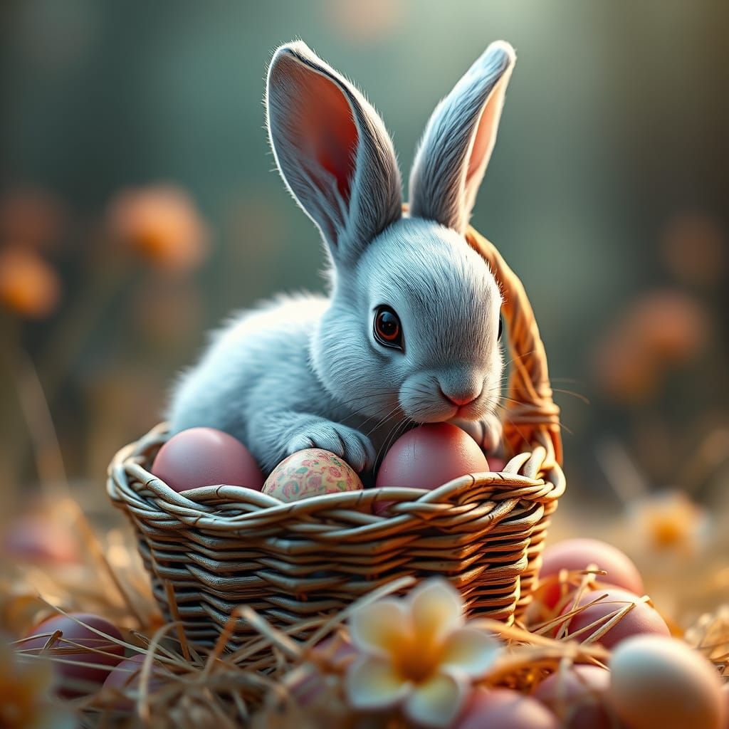 Whimsical Easter Bunny in a Vibrant Woven Basket