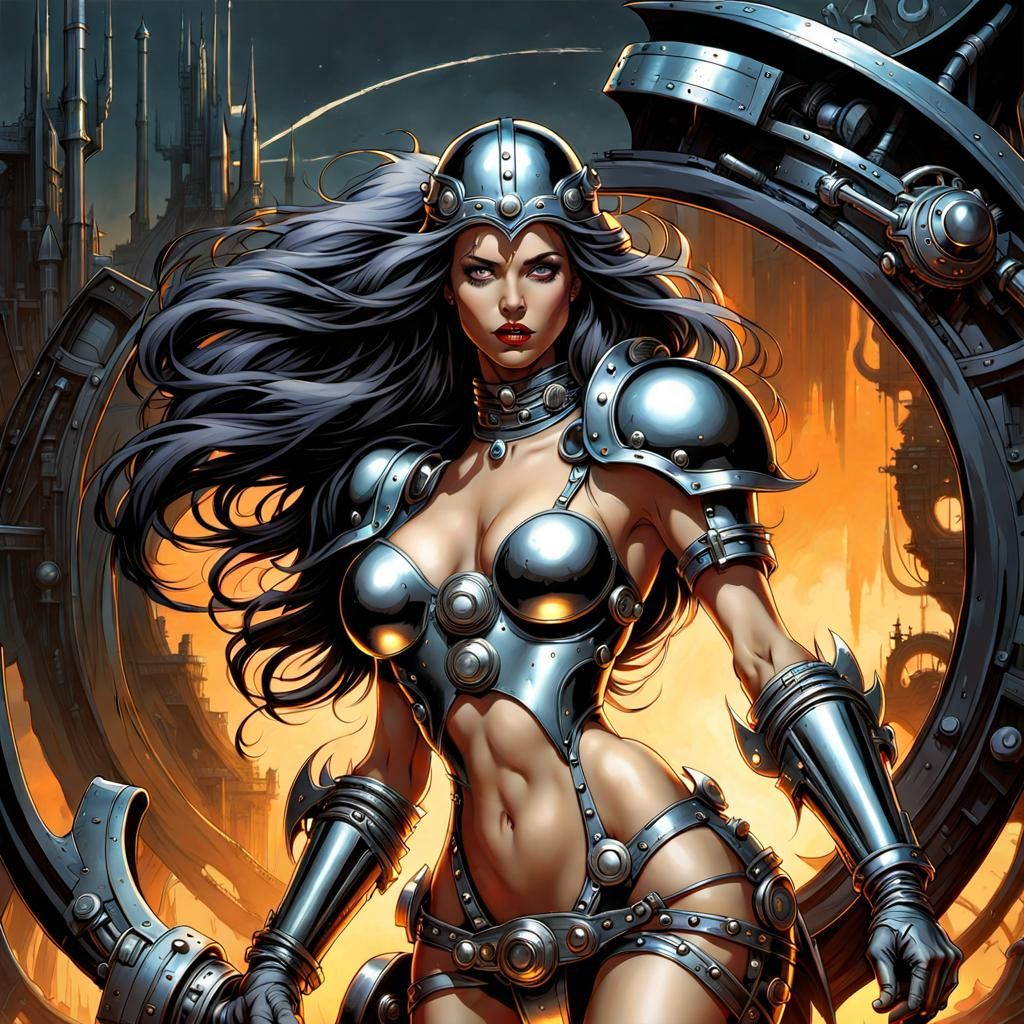 Android Woman with Chrome in Dark Fantasy Art Nouveau Style
