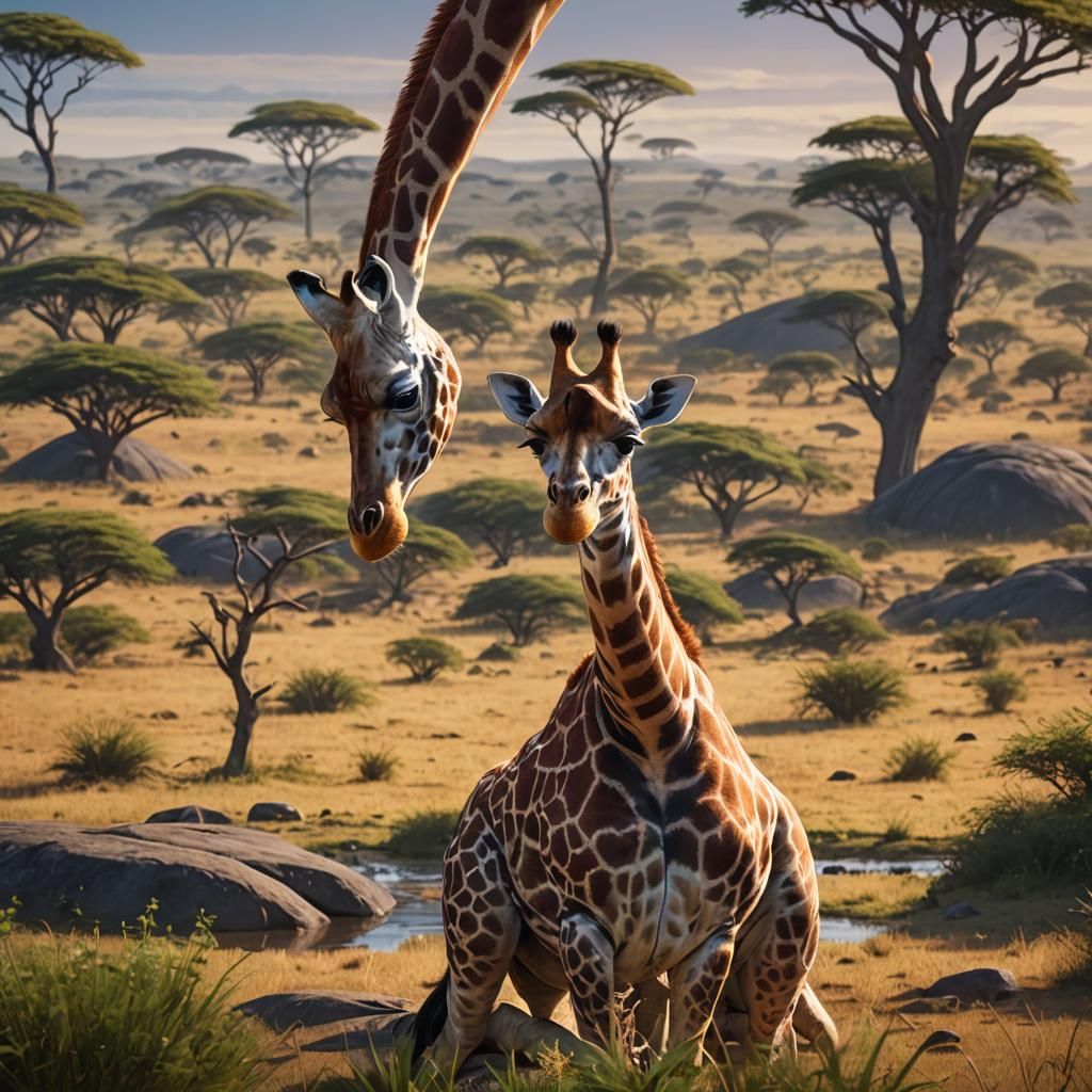 Giraffe Drinking on Serengeti: 3D Digital Art