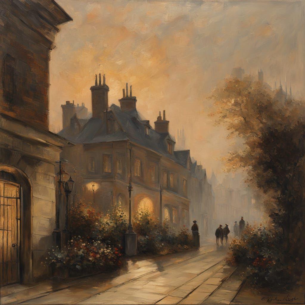 Impressionist London Morning with Floral Garden and Sunrise