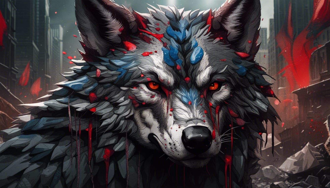 Detailed Wolf in Trash Polka Style