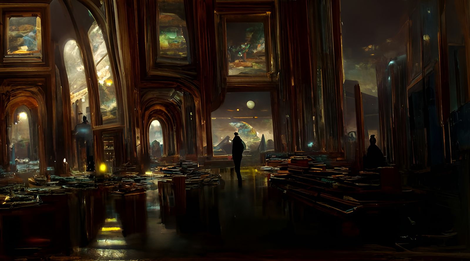 Sinister Library Landscape in Digital Oil Painting