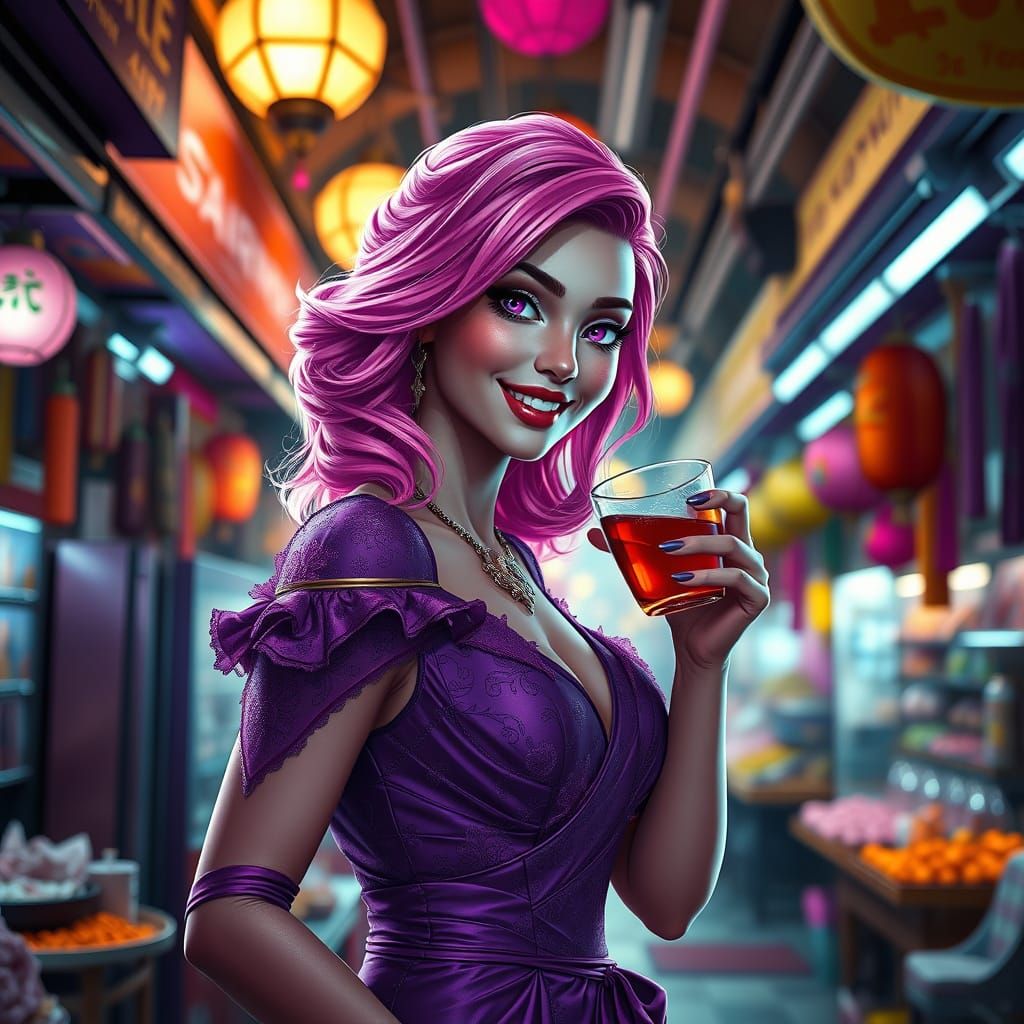 Enchanting Market Siren Sipping Tea in Vibrant, Cyberpunk St...