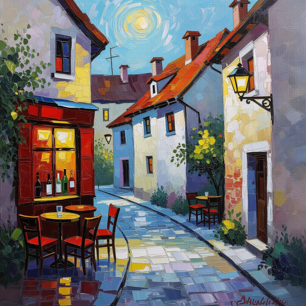 Neo-Impressionist Tavern and Alley Oil Painting