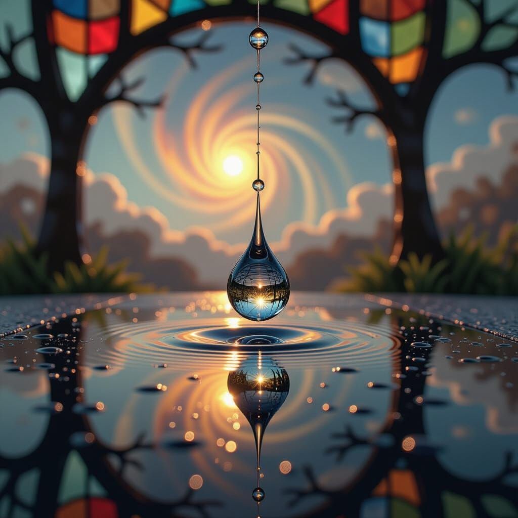 Raindrop Reflecting Surreal Still Life in Psychedelic Style