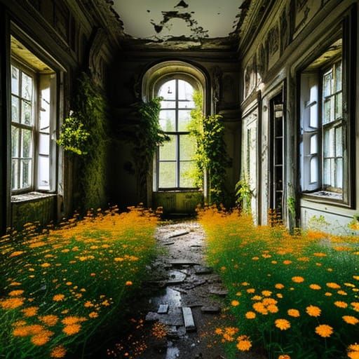 Overgrown Manor House with Orange Daisies