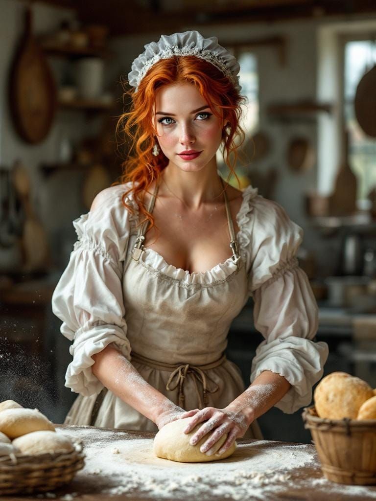 Redhead Baker in Hyperlucent Neoclassical Style Kitchen