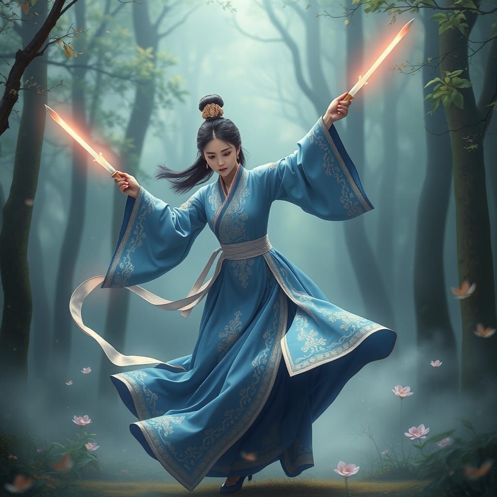 Korean Woman Dancing with Swords in Misty Forest