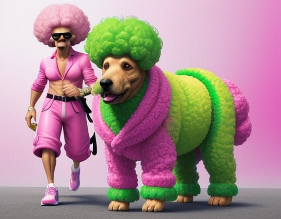 Creepy Old Man Winks While Walking Smug Poodle in Matching O...