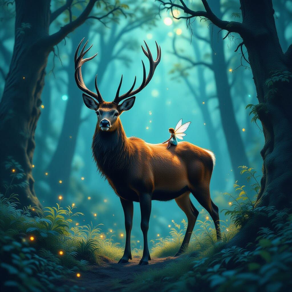 Magical Forest Scene with Deer and Fairy in Surrealist Style