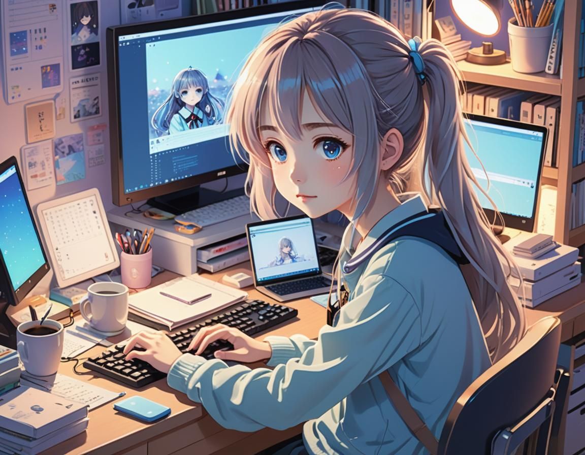 Girl at Desk with Computer in Anime Style