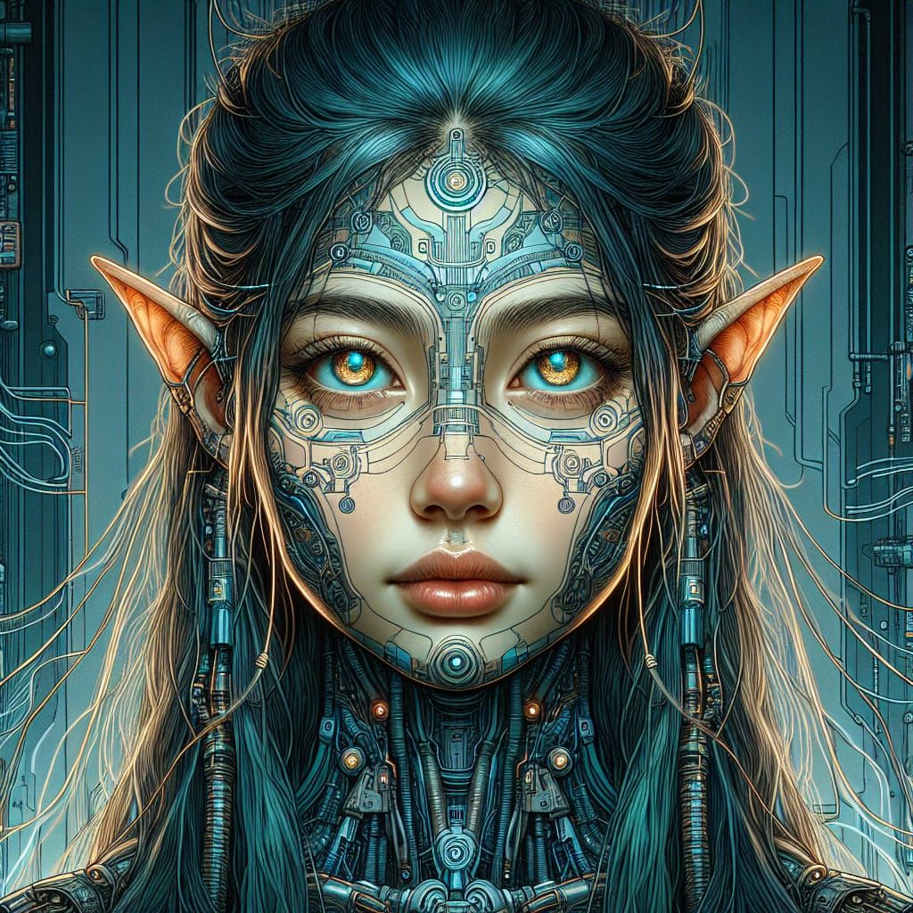 Cyborg Woman Portrait in Cyberpunk Noir Style