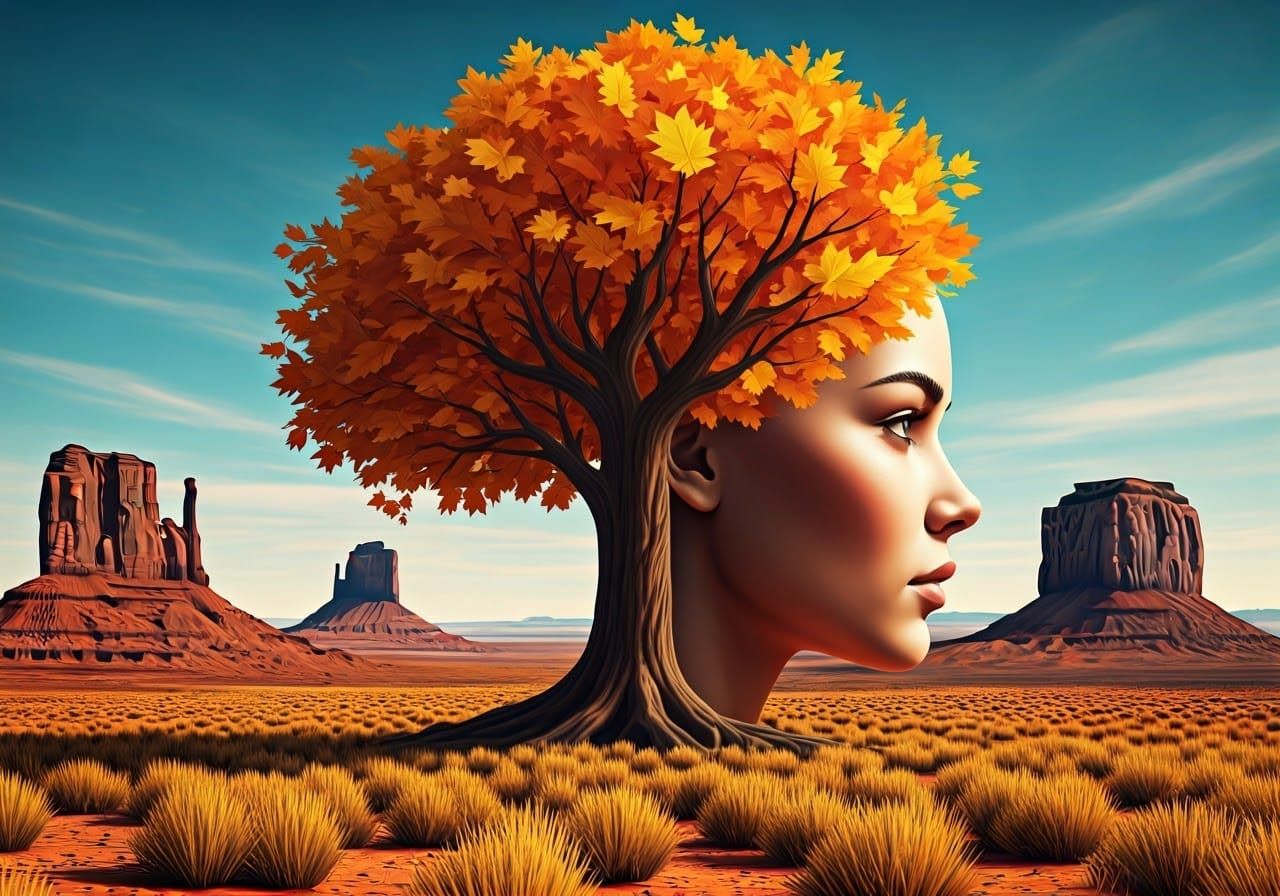 Surreal Autumn Desert Collage with Woman and Tree
