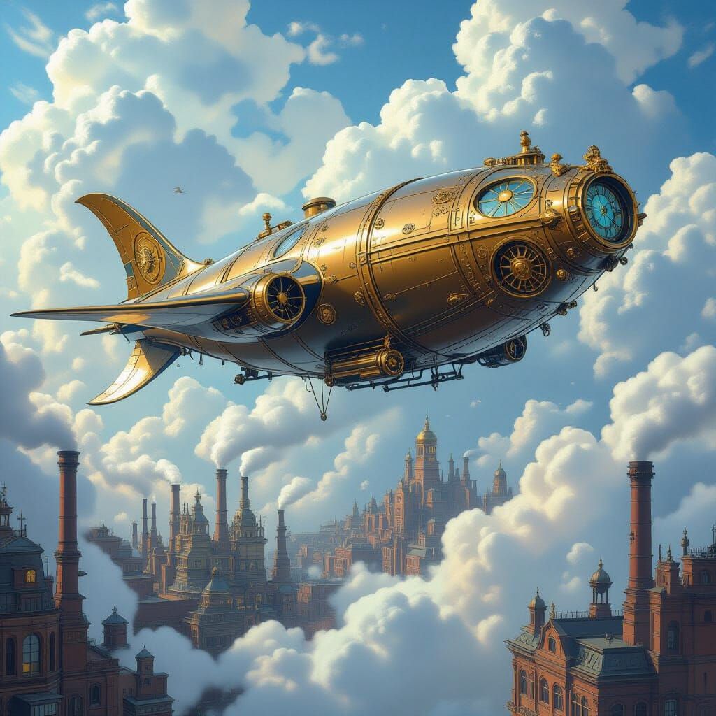 Steampunk Manta Ray Airship Over Victorian City