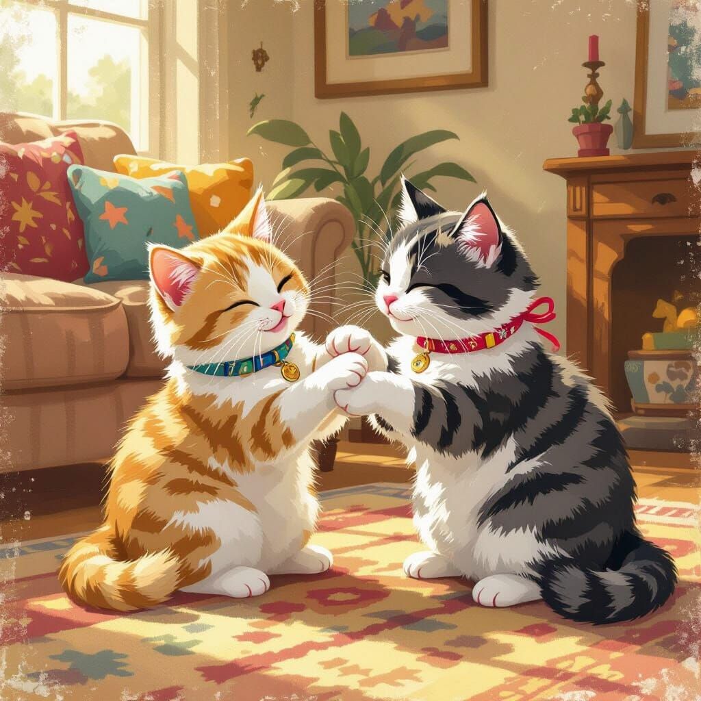 Cats Playfully Wrestle in Cozy Living Room, Illustration Sty...