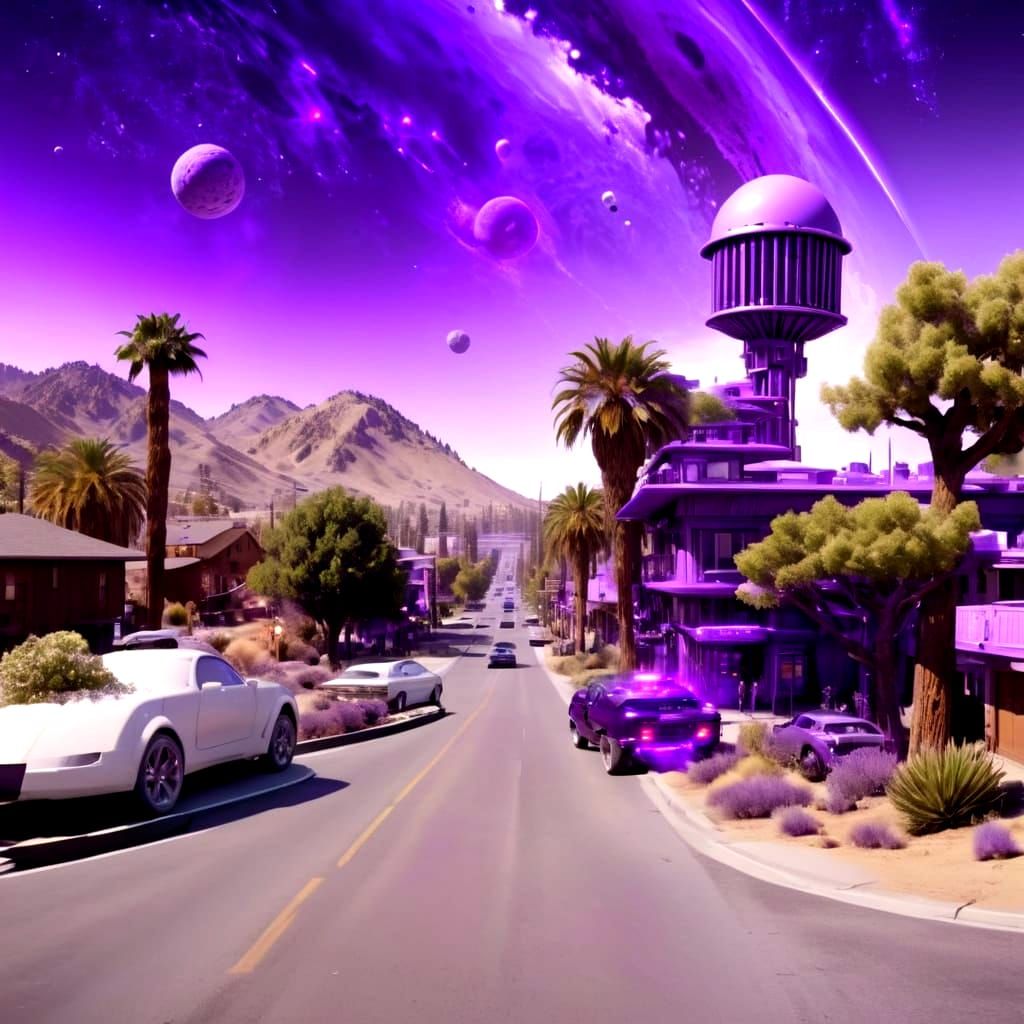 Epic Sci-Fi Cityscape in Rural California with Cosmic Purple...