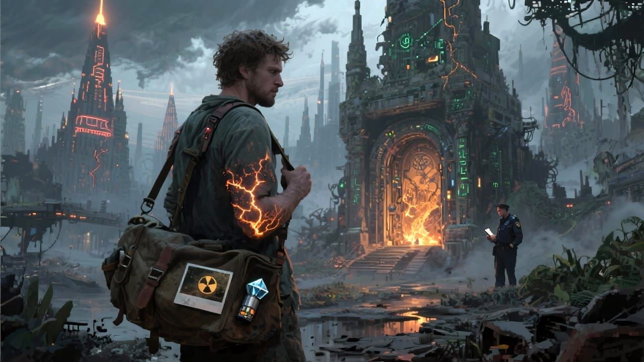 Surreal Sci-Fi Explorer in Sunken Empire, Neon Spires