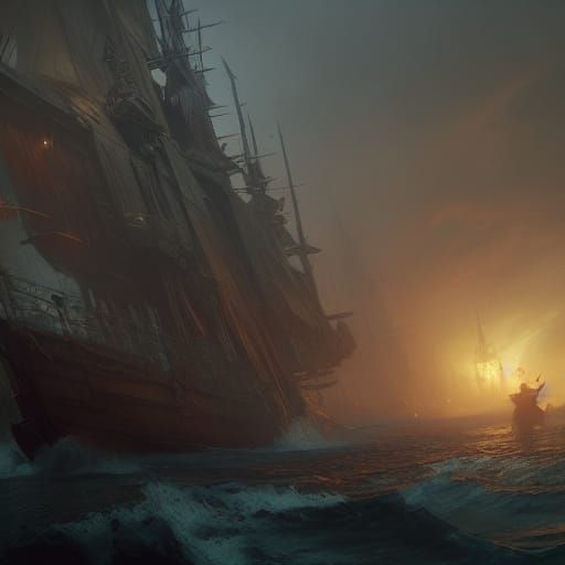 Pirate Ship Concept Art in Dark Fantasy Style