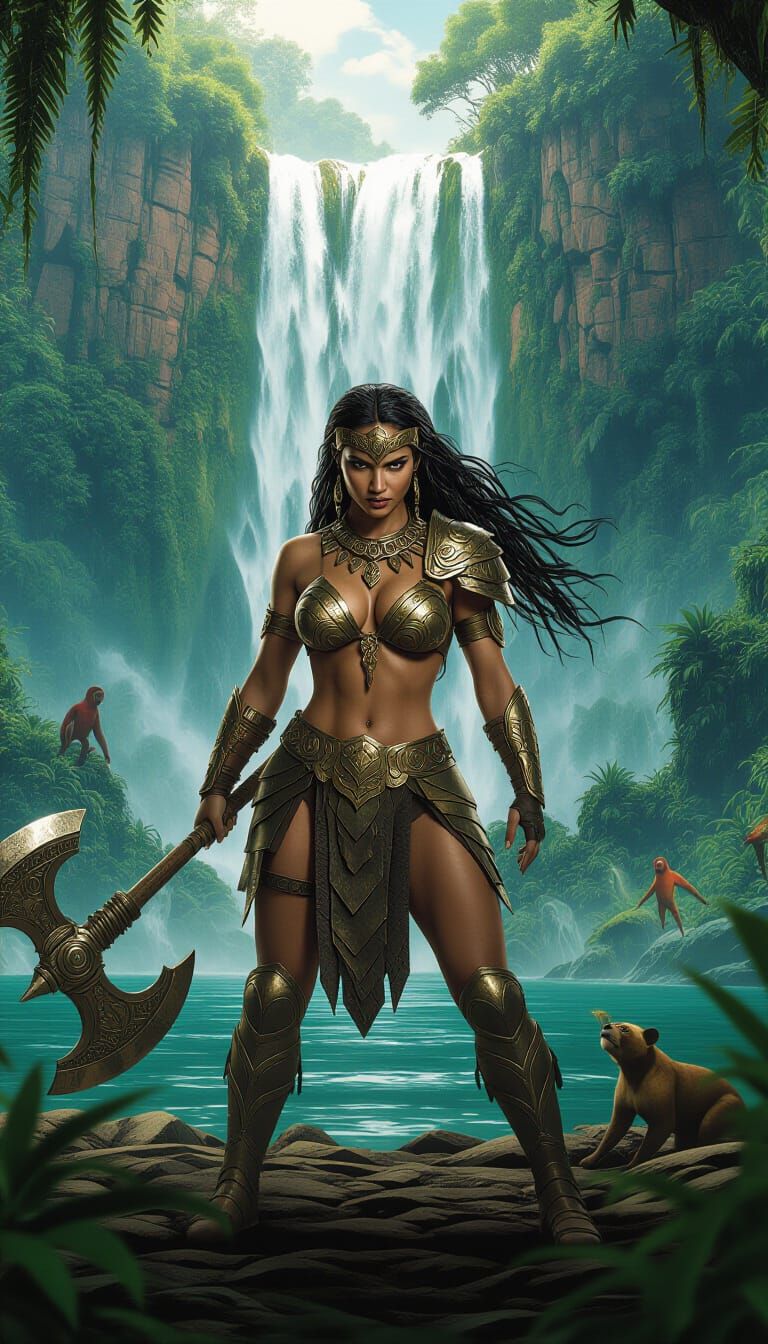 Amazon Warrior in Rainforest Clearing, Hyperrealistic Style