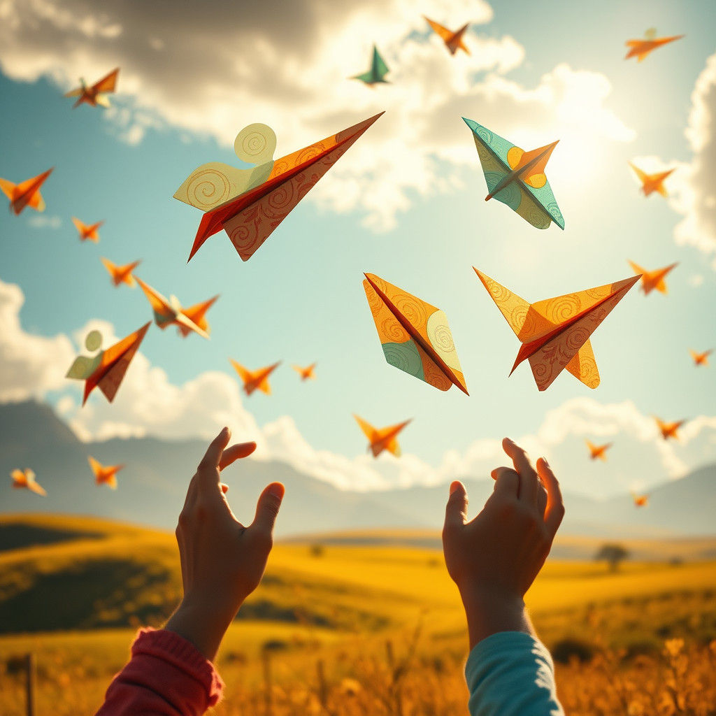 Children Launching Paper Airplanes into Dreamy Sky