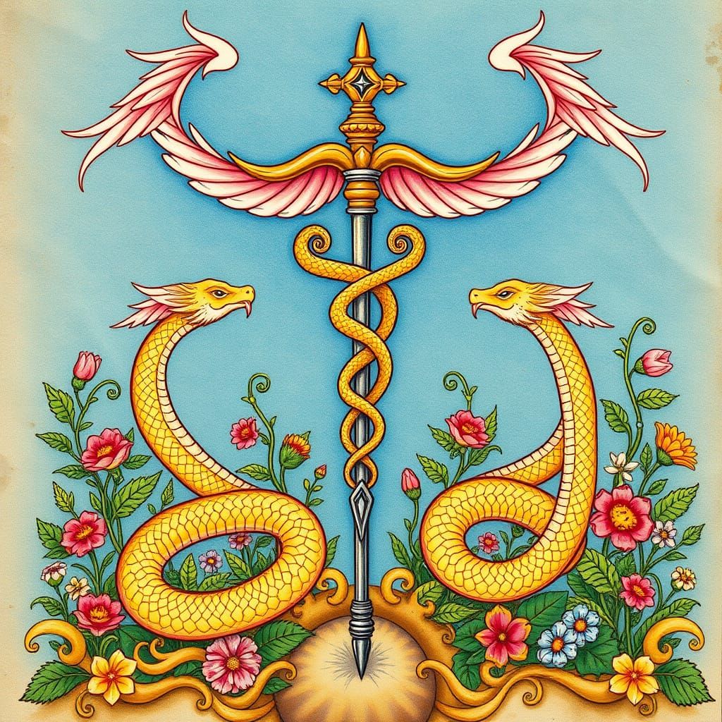 Ethereal Caduceus with Serpentine Creatures in Medieval Manu...