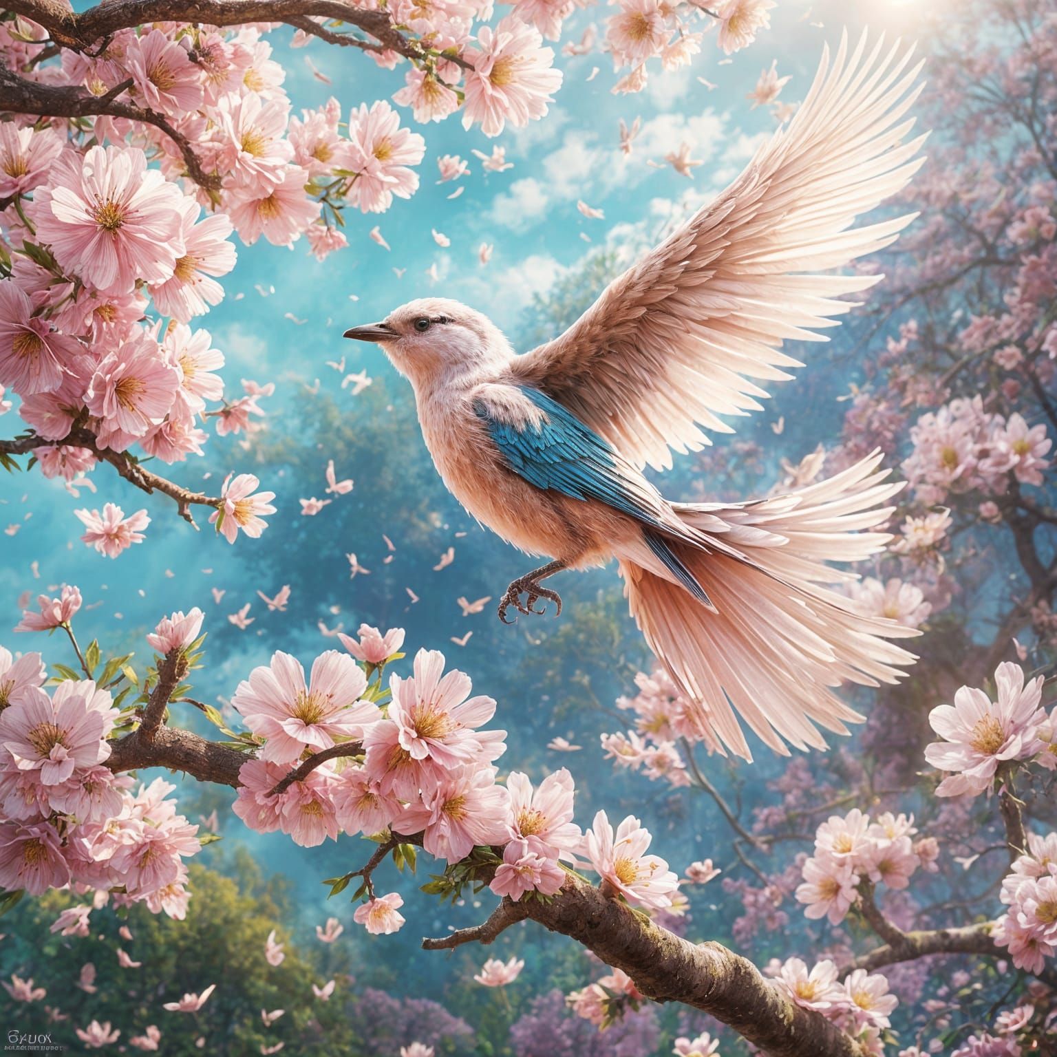Sakura Bird in Flight: Detailed Matte Painting