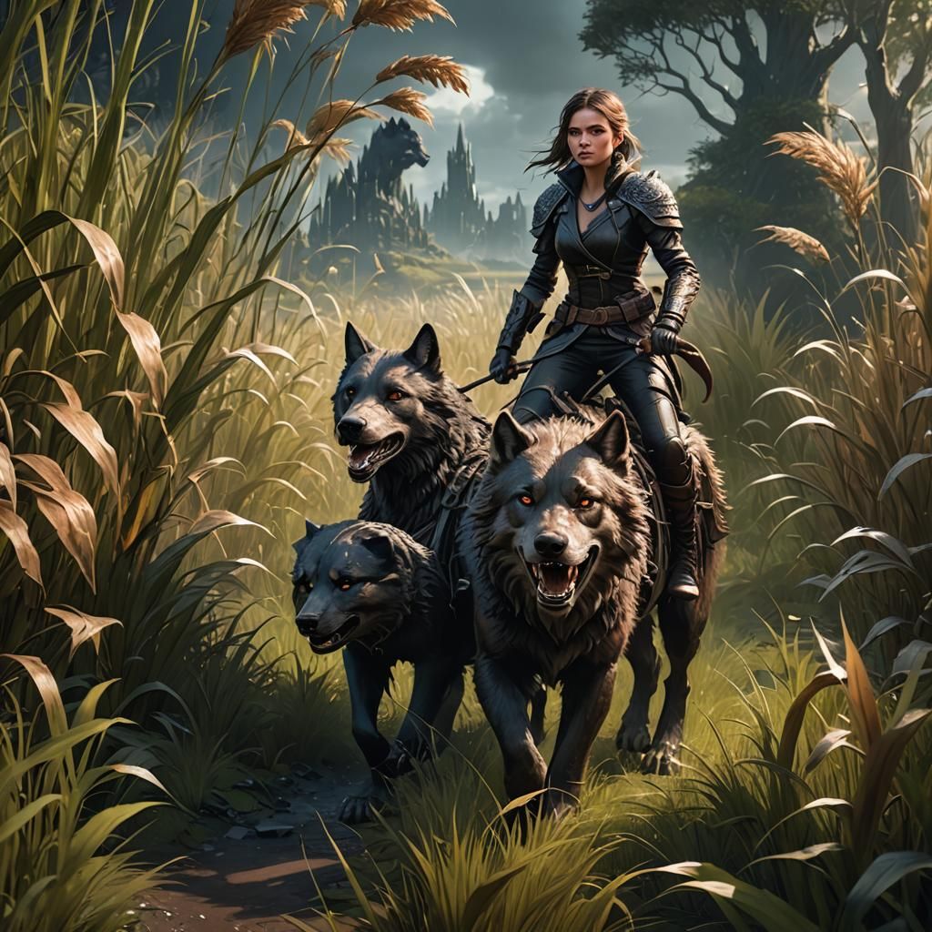 Girl on Dire Wolf in Grassy Field, Fantasy Art