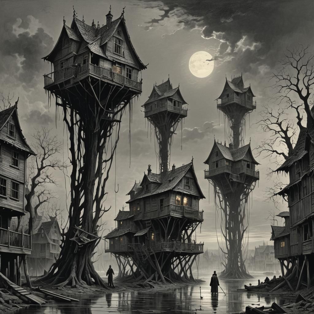 Eerie House on Stilts: Gothic Horror Illustration