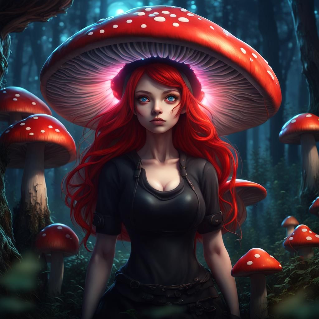 Anime Mushroom Woman in Magic Forest, Detailed Painting